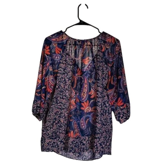 Chaps Ralph Lauren Women's Blouse Paisley V-Neck Puff Sleeve Boho Peasant Top PM - Picture 2 of 9
